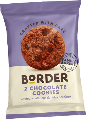 Two Border chocolate flavoured biscuits in a purple packet