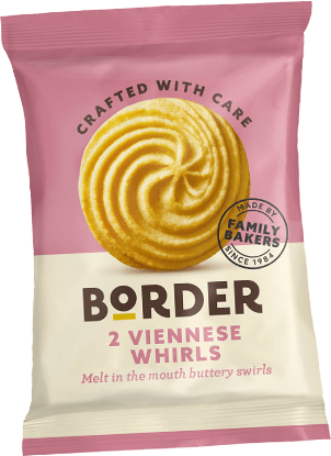 Two Border viennese whirls shortbread flavoured biscuits in a pink packet