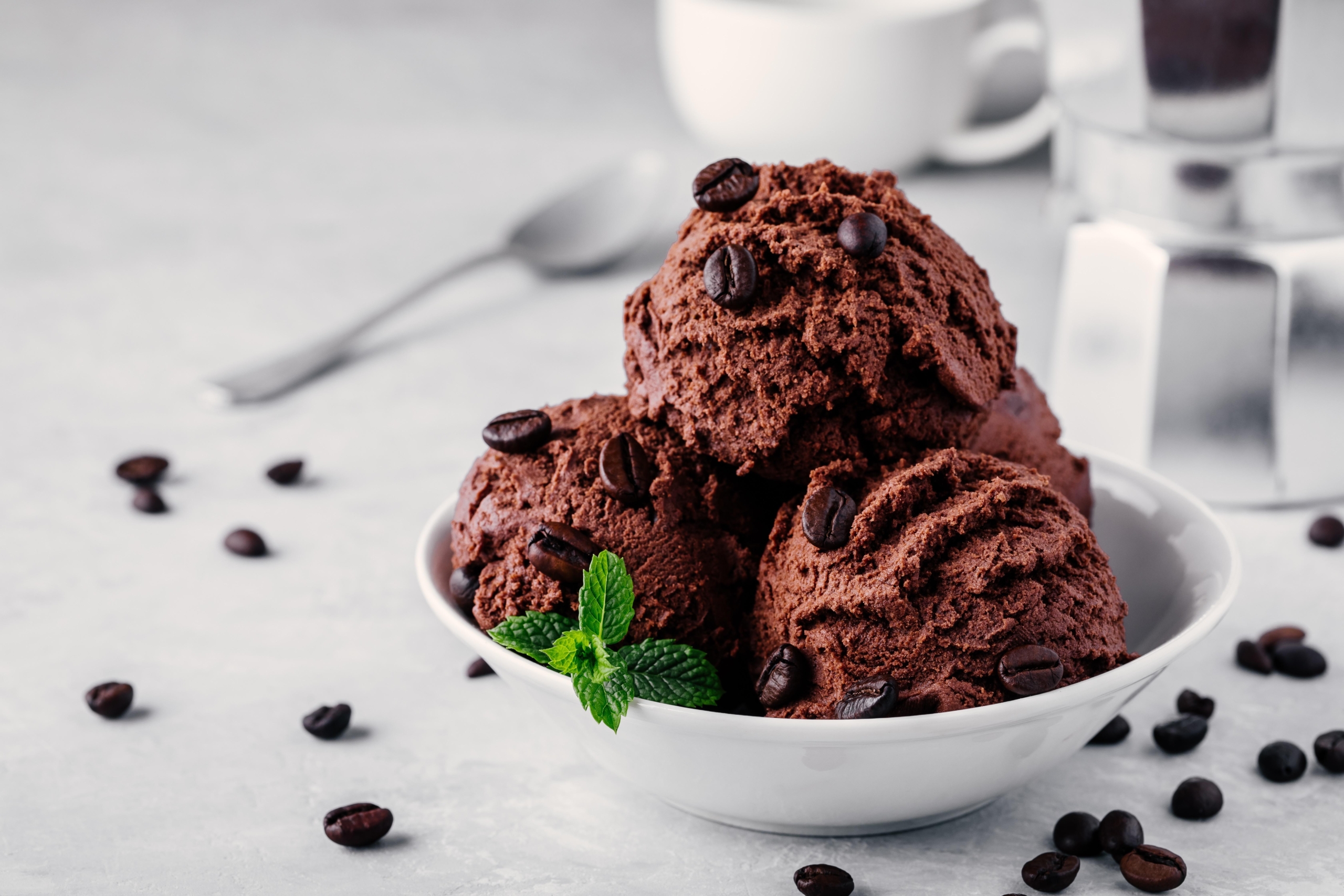 A bowl of chocolate coffee ice cream scoops with mint leaves