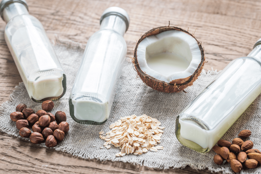 Almond coconut oat and hazelnut plant based milk alternatives