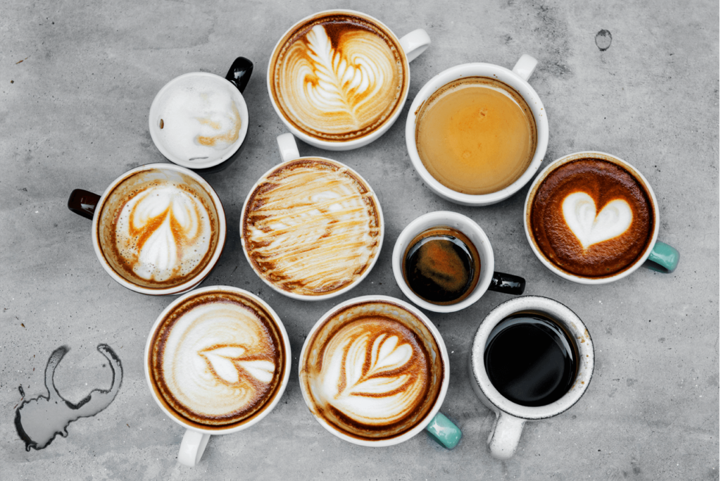 Selection of coffees in mugs from above