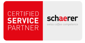 Left:Red square white text reading CERTIFIED SERVICE PARTNER Right: Schaerer Logo in Black with the ae in red above text reading swiss coffee competence