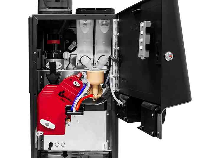 Liquidline Q2 commercial bean to cup coffee machine photo with machine door open displaying a view of the inside of the coffee machine