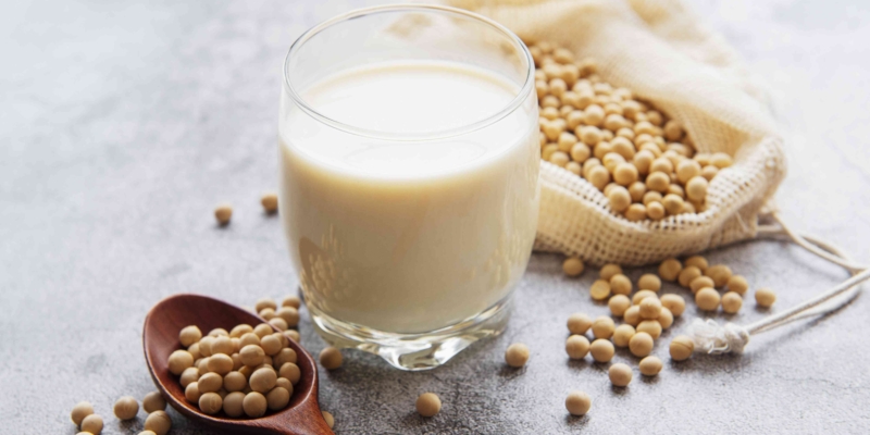 Soy milk and soy on the table - healthy plant product