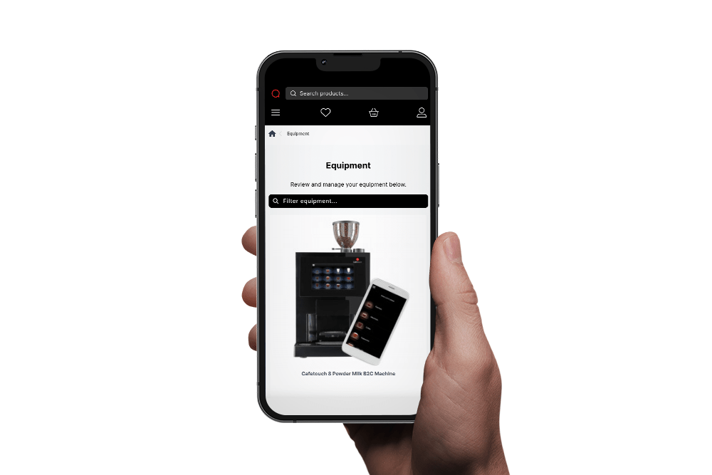 Phone screen showing coffee machine equipment page on website