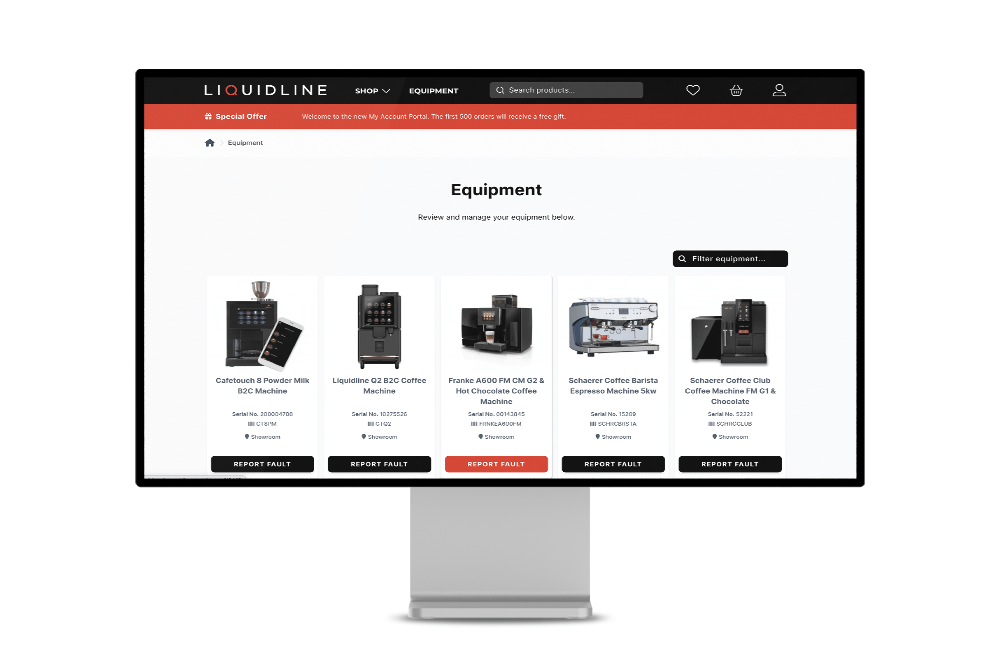 Equipment Computer screen showing range of coffee machines on website.