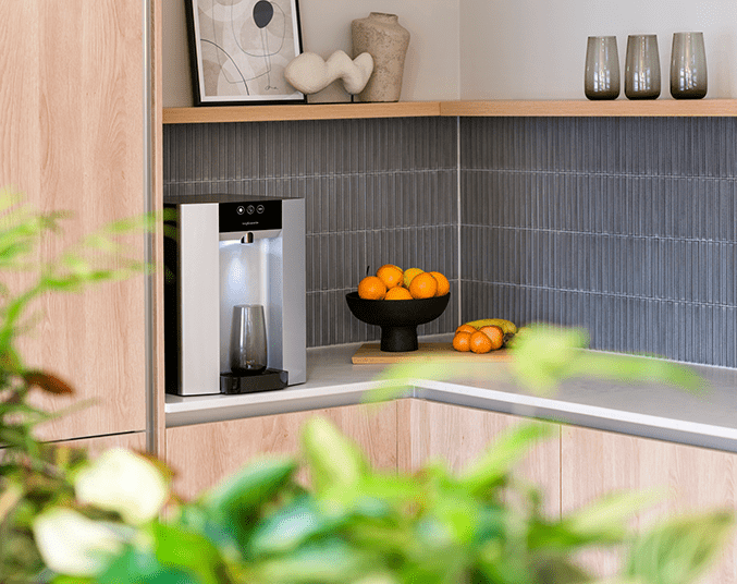 silver borg and overstrom water dispenser counter top in a commercial kitchen setting