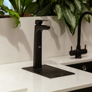 Side view of matte black Billi Tap on Office Counter