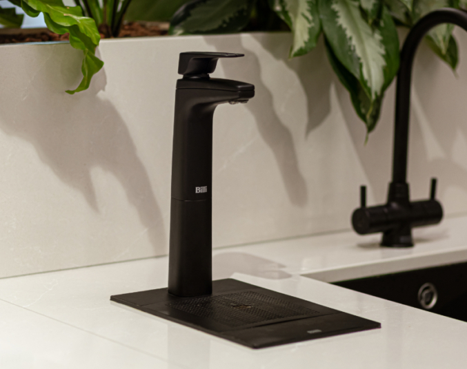 Side view of matte black Billi Tap on Office Counter