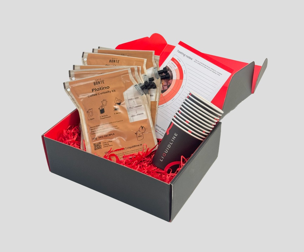 Liquidline brew bag box, showcasing the brew bags and cups
